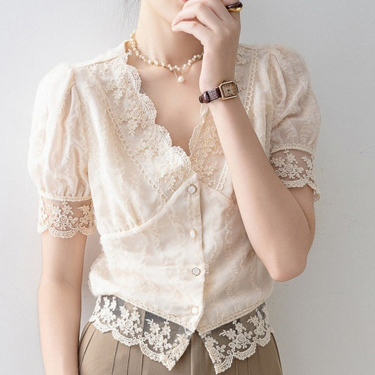 New Women's Summer Short Sleeve Chiffon Lace Shirt Top